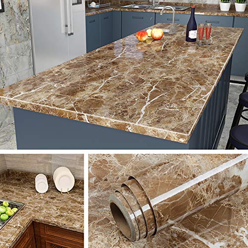 Livelynine 24 x 197 Inch Brown Countertop Contact Paper for Kitchen Peel and Stick Countertops Waterproof Marble Wallpaper for Bathroom Self Adhesive Counter Top Covers Table Sticker Desk Vinyl Wrap - color: Coffee Marble, size: 24" x 197"