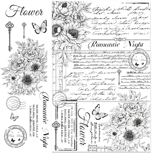 3 Sheets Vintage Word Rub on Transfers Black Warm Pattern Letters Rub on Transfer Furniture Stickers Decal Butterfly Flower Retro Stamps Words Rub on Transfer for Crafts 11.8 * 5.9 in - style: Black and White French Flowers