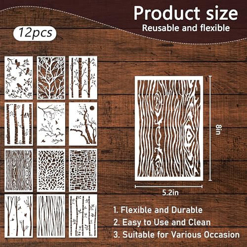 Keluna Tree Texture Stencils Painting, 12 Pcs Tree Branches Stencils for Painting on Wood Wall, Mixed Designs Tree Branch Bird Stencils for Painting on Rock Canvas Wood Wall Floor Home Decor - style: tree