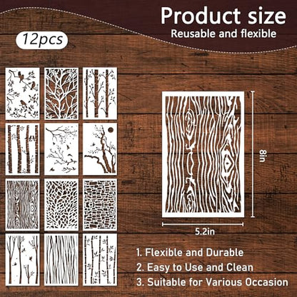 Keluna Tree Texture Stencils Painting, 12 Pcs Tree Branches Stencils for Painting on Wood Wall, Mixed Designs Tree Branch Bird Stencils for Painting on Rock Canvas Wood Wall Floor Home Decor - style: tree