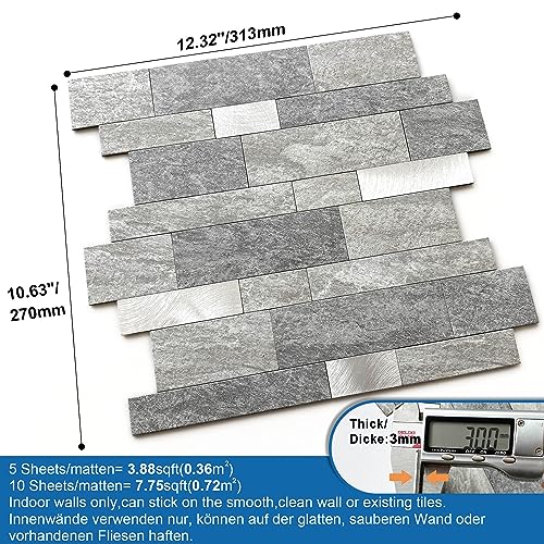 Stone Peel Stick Backsplash Tiles Kitchen Wall Gray Silver 10pcs - color: Gray Silver, size: 10sheets