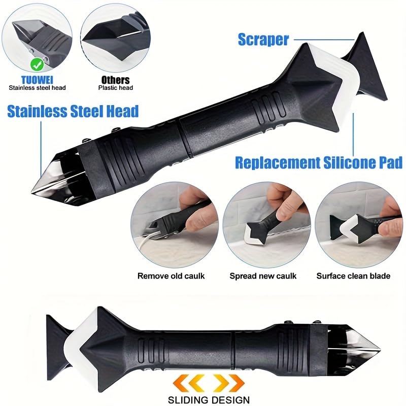 1Set Silicone Caulking Tool with Stainless Steel Head 3 in 1 Sealant Scraper Smoother and Cleaner for Bathtub Window Tile Shower Grout, Black - color: Black
