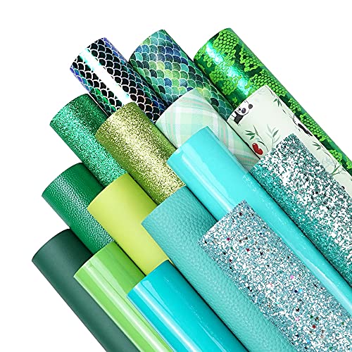 16 Pieces 8x6 Inch New Contrast Colors Blue Green Series Faux Leather Fabric Sheets Include Litchi Fine Chunky Glitter Panda Mermaid Scale Snake Texture Patent for Leather Earring Bows Making - color: Blue Green Series