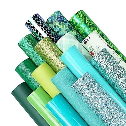 16 Pieces 8x6 Inch New Contrast Colors Blue Green Series Faux Leather Fabric Sheets Include Litchi Fine Chunky Glitter Panda Mermaid Scale Snake Texture Patent for Leather Earring Bows Making - color: Blue Green Series