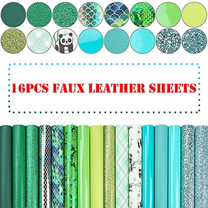 16 Pieces 8x6 Inch New Contrast Colors Blue Green Series Faux Leather Fabric Sheets Include Litchi Fine Chunky Glitter Panda Mermaid Scale Snake Texture Patent for Leather Earring Bows Making - color: Blue Green Series