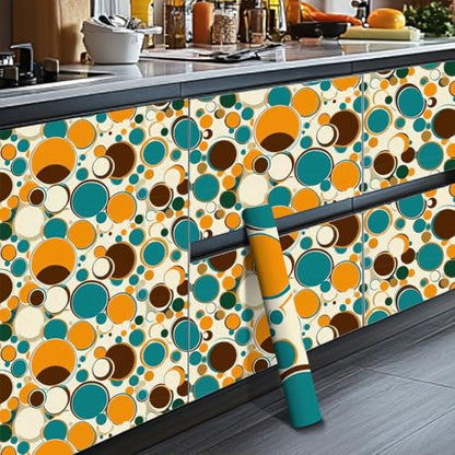 HOMETITUTE Polka Dot Circles Peel Stick Wallpaper 118.1x17.7 Inch Vinyl - color: Retro Orange Blue Circles