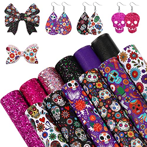AnyDesign 12Pcs Day of The Dead Halloween Faux Leather Sheets Sugar Skull Skeleton Floral Printed Leather Fabric Sheets Glitter Synthetic Leather for Halloween DIY Craft Earring Hair Bow, 8 x 12