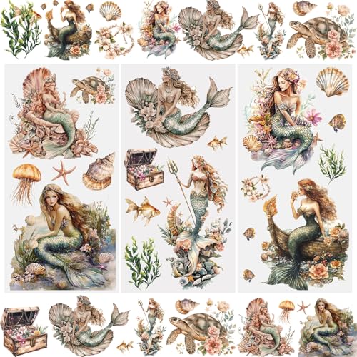 WANDIC 3 Sheets Retro Mermaid Rub On Transfer Stickers Dreamy Scrapbook Stickers Window Decals Waterproof Decals Cup Wraps for DIY Furniture Photo Albums,15 * 30cm - color: Vintage Flower Mermaid