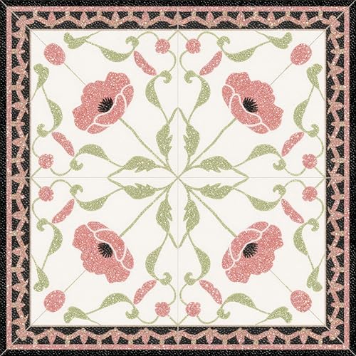 HOMETITUTE Red Poppy Floral Green Border Peel Stick Floor 12x12 Vinyl - color: Red and Green