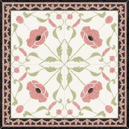 HOMETITUTE Red Poppy Floral Green Border Peel Stick Floor 12x12 Vinyl - color: Red and Green