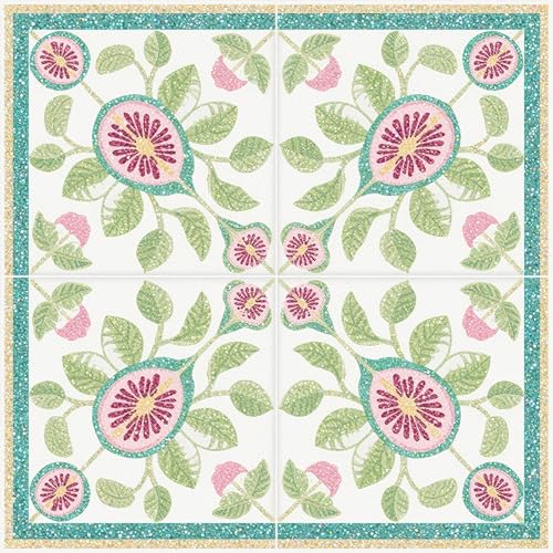 HOMETITUTE Teal Border Fig Floral Peel and Stick Tile Art Deco,12"x12" - color: Teal and Gold