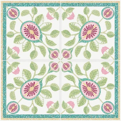 HOMETITUTE Teal Border Fig Floral Peel and Stick Tile Art Deco,12"x12" - color: Teal and Gold