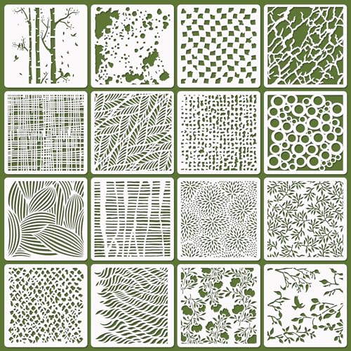 16 Pcs Layering Stencils for Painting - 6"x6" Mixed Texture Trees, Flowers, Leaves, Dots, Checkered, Buffalo Crackle, Splatter Stencils for Canvas, Mix Media Spray Paint - style: Mixed Style 2