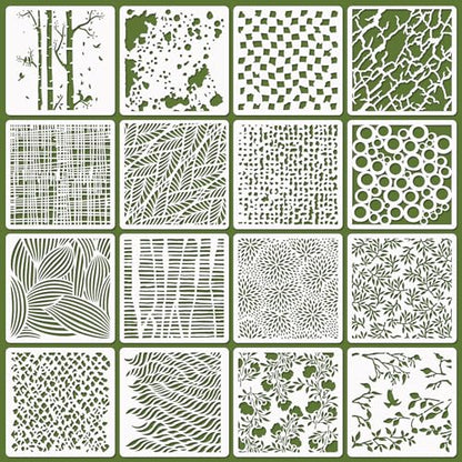 16 Pcs Layering Stencils for Painting - 6"x6" Mixed Texture Trees, Flowers, Leaves, Dots, Checkered, Buffalo Crackle, Splatter Stencils for Canvas, Mix Media Spray Paint - style: Mixed Style 2
