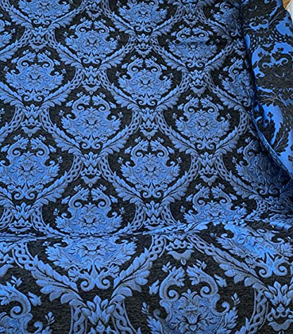 Damask Tapestry Chenille Fabric - Upholstery Fabric, 60" Width - Sold By The Yard (Black/Blue) - color: Black/Blue