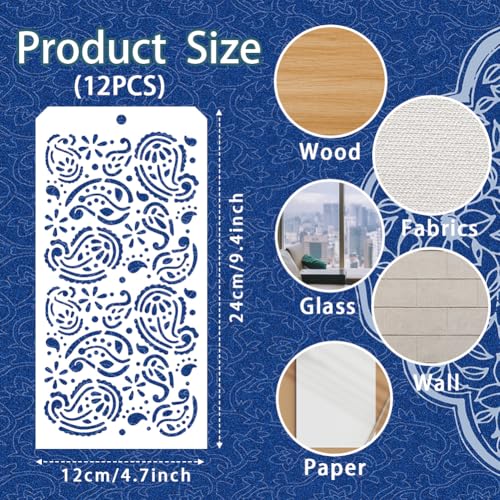 12 Pcs Paisley Element Stencils for Painting, 12 Styles Paisley Peacock Feathers Border Pattern Reusable Stencils Templates for Painting on Furniture Scrapbook Decor - style: Paisley Peacock Feathers