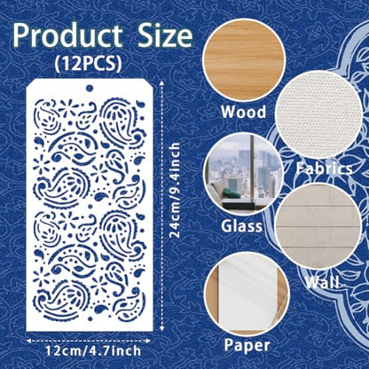 12 Pcs Paisley Element Stencils for Painting, 12 Styles Paisley Peacock Feathers Border Pattern Reusable Stencils Templates for Painting on Furniture Scrapbook Decor - style: Paisley Peacock Feathers
