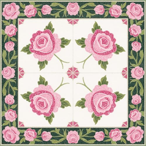 HOMETITUTE Pink Rose Green Border Peel Stick Floor Tile 12x12 Vinyl - color: Pink#1