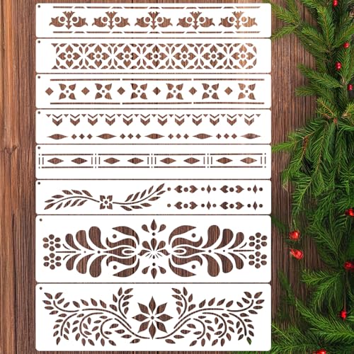 8 Pcs Border Stencils for Painting and Crafts, Furniture Stencil Reusable Wood Burning Drawing Art Paint Stencils and Patterns for Wall Table Chair Cabinet Canvas Furniture