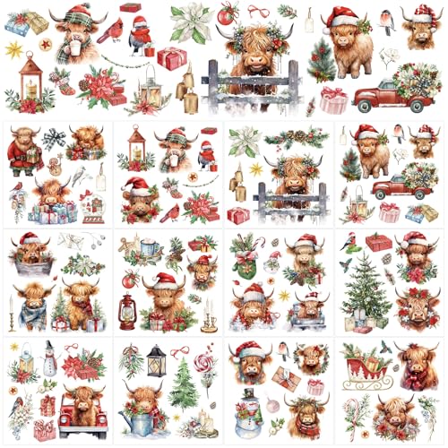 Whaline 12 Sheet Christmas Highland Cow Rub on Transfers Xmas Tree Gifts Cow Transfer Stickers Rustic Furniture Decals for Home Office Paper Wood DIY Crafts, 5.9 x 5.9 Inch - style: Christmas Highland Cow