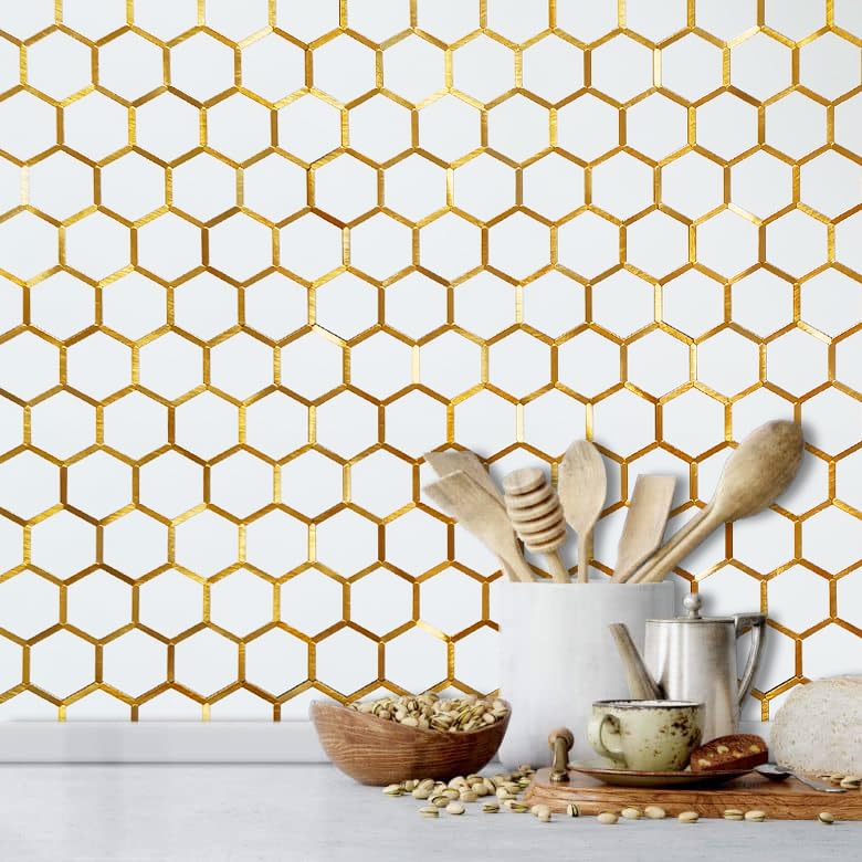 DICOFUN 1 Sheet Hexagon Peel and Stick Backsplash Tile, Polished White Tile Look Mixed Gold Kitchen Backsplash Peel and Stick Wall Tiles - color: White Tile + Gold Metal Frame, size: 1 Sheet, 12''x12''x0.12''
