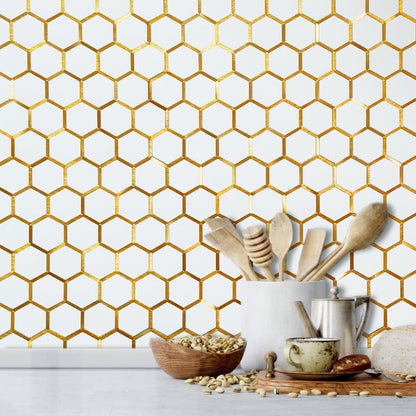 DICOFUN 1 Sheet Hexagon Peel and Stick Backsplash Tile, Polished White Tile Look Mixed Gold Kitchen Backsplash Peel and Stick Wall Tiles - color: White Tile + Gold Metal Frame, size: 1 Sheet, 12''x12''x0.12''