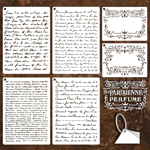 6 Sheets French Writing Stencils for Painting, 2 Sizes French Script Stencils Vintage Text Drawing Templates Plastic Art Templates for Painting on Wall Wood Home Decor - style: French Writing
