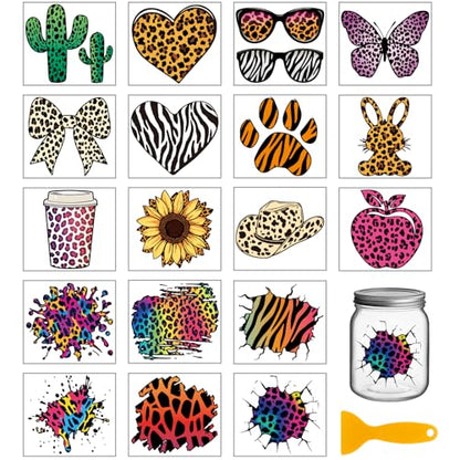 GLOBLELAND 18 Sheets Colorful Daily Plants and Animals Rub on Transfer for Glass Bottle UV DTF Cup Wraps Leopard Zebra Tiger Print Decals Stickers Transfer Stickers Home Decals for Vase Porcelain - style: Animal Fur Texture