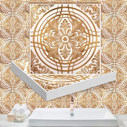 48Pcs 3D Metallic Peel &Stick Wall Tile 8x8, Gold, Cream Gold Relief Floral - color: Gold, style: Cream Gold Relief Floral