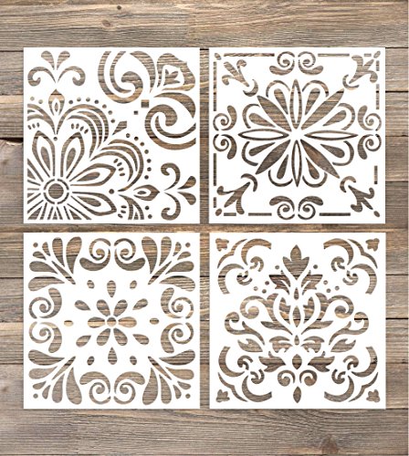 GSS Designs Pack of 4 Stencils Set (6x6 Inch) Laser Cut Painting Stencil Floor Wall Tile Fabric Wood Stencils -Reusable Template (SL-006)