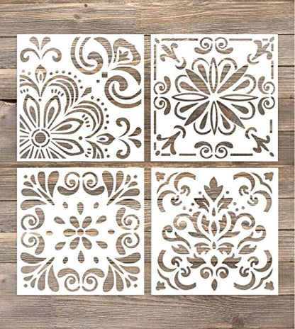 GSS Designs Pack of 4 Stencils Set (6x6 Inch) Laser Cut Painting Stencil Floor Wall Tile Fabric Wood Stencils -Reusable Template (SL-006)