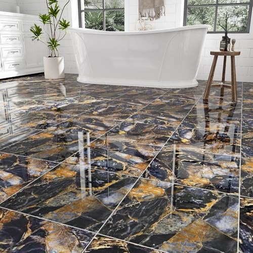 30-Pack 12" x 12" Peel and Stick Floor Tiles Waterproof, Polish Blue Gold Marble Self Adhesive Vinyl Flooring for Bathroom, Kitchen, Living Room, RV, Cover 30 Sq.Ft, Glossy Blue&Golden - color: Polish Blue&Golden Marble