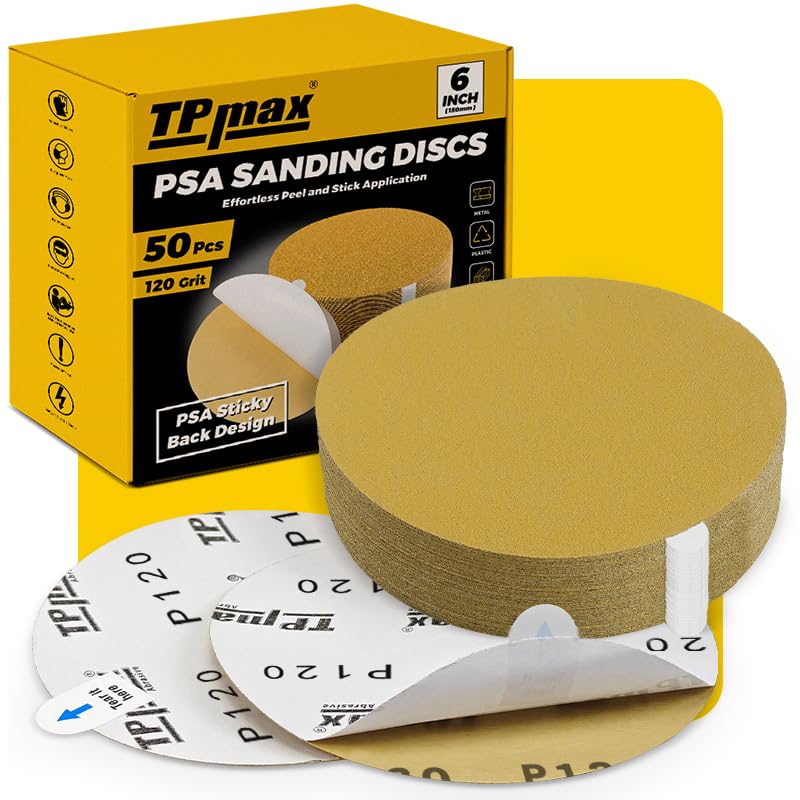 TPmax 6-Inch 120-Grit Gold PSA Sanding Discs, 50 Pack – Pro-Grade Self-Adhesive Stickyback Sandpaper with Quick-Release Tabs for DA Sander, Medium-Coarse Automotive/Wood/Metal Sanding - style: 120 Grit