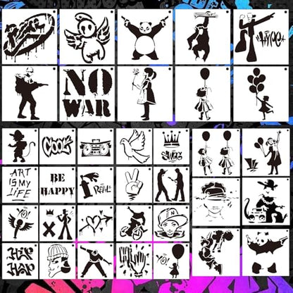 AFRITEE Reusable Graffiti Stencils for Painting - 36 Pcs Against War Street Art Painting Stencil for DIY Clothes Canvas Decoration, Pursuit of Peace Graffiti Template for Wall Spray Paint Decor - style: Graffiti