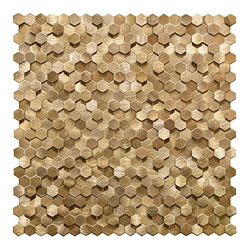 KASARO Peel and Stick Backsplash for Kitchen, 8 Pieces 3D Gold Hexagon Metal Mosaic Self Adhesive Wall Tiles Decorative for Living Room, Bathroom, Fireplace, 12”x12” - color: Golden
