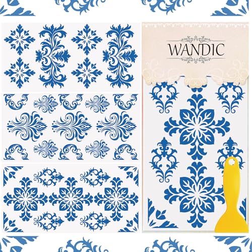 WANDIC 3 Sheets Rub On Transfer Stickers, Blue and White Porcelain Damask Decals Waterproof Stickers for Albums Furniture,15 * 30cm - color: Blue and White Porcelain Pattern