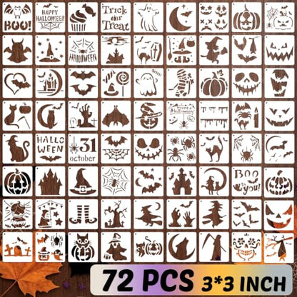 72 Pcs Halloween Stencils for Painting Set, 3*3 Inch Reusable Bat Cat Ghost Scar Painting Templates - Stencil Crafts Drawing Templates for Home Wall Murals, Canvas Wood Signs Party Supplies Decoration - style: Halloween