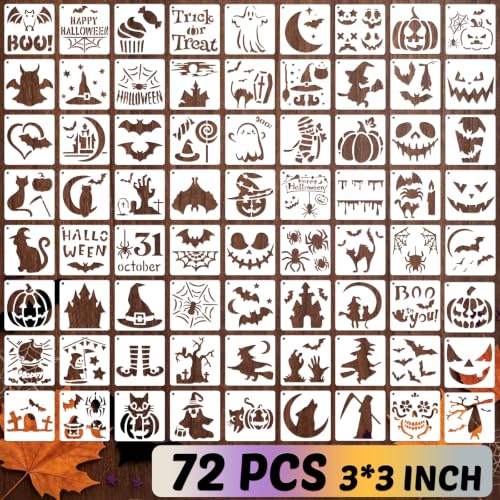 72 Pcs Halloween Stencils for Painting Set, 3*3 Inch Reusable Bat Cat Ghost Scar Painting Templates - Stencil Crafts Drawing Templates for Home Wall Murals, Canvas Wood Signs Party Supplies Decoration - style: Halloween