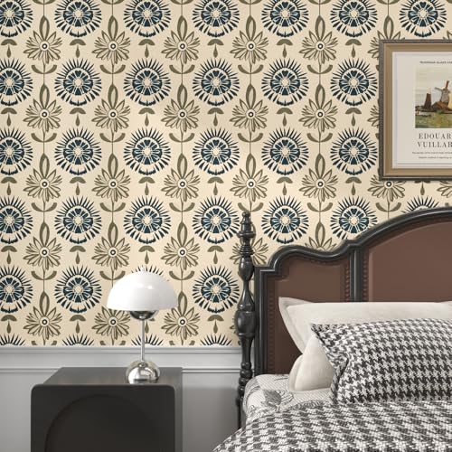 BOKEBEVE Boho Floral Peel and Stick Wallpaper Beige Blue 17.5 x 787In - color: Dark Beige/Blue/Green, size: 17.5" x 787"