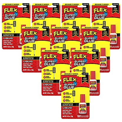 Flex Super Glue Liquid, 10 Gram Brush-On Bottle, 10-Pack, Clear, Instant Bond, Quick Dry, Cyanoacrylate Adhesive, Precision Brush for Wood, Metal, Plastic, Crafts, Ceramic, and Toy Repairs - size: 10-Pack, style: Liquid 10 Gram Brush Top