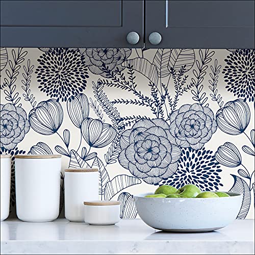 NuWallpaper by WallPops NUS3830 Navy Secret Garden Peel & Stick Wallpaper, Blue - color: Blue