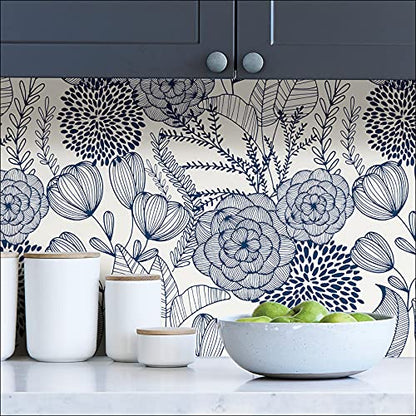 NuWallpaper by WallPops NUS3830 Navy Secret Garden Peel & Stick Wallpaper, Blue - color: Blue