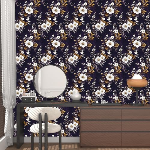 Laatse Dark Floral Peel and Stick Wallpaper 17.5" x 118",Purple/White - color: Purple White, size: 118" x 17.5"