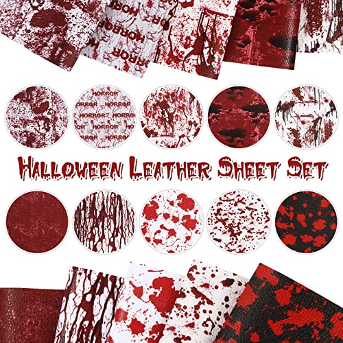 AnyDesign 10Pcs Halloween Theme Faux Leather Sheets Spooky Bloody Printed Synthetic Leathers Red White Black Scary Bloodstain Fabric Leathers for Halloween DIY Craft Earring Hair Bow Making, 8 x 12