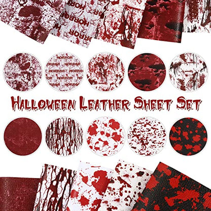 AnyDesign 10Pcs Halloween Theme Faux Leather Sheets Spooky Bloody Printed Synthetic Leathers Red White Black Scary Bloodstain Fabric Leathers for Halloween DIY Craft Earring Hair Bow Making, 8 x 12