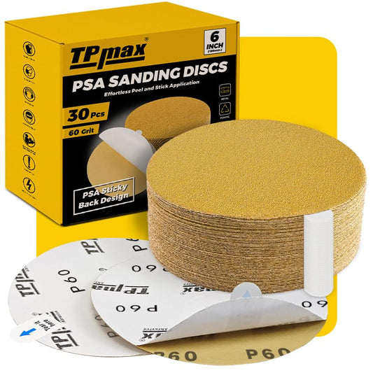 TPmax 6-Inch 60-Grit Gold PSA Sanding Discs, 30 Pack – Pro-Grade Self-Adhesive Stickyback Sandpaper with Quick-Release Tabs for DA Sander, Coarse Automotive/Wood/Metal Sanding - style: 60 Grit