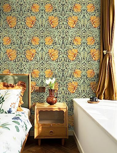HAOKHOME William Morris Style Peel and Stick Wallpaper Art Deco Wall Paper - color: Green/Yellow/Black, size: S: 17.3in x 9.8ft