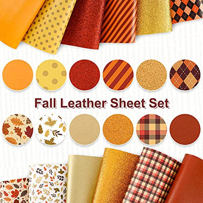 Whaline Fall Faux Leather Sheets 8 x 12 in Plaid Stripe Maple Leaves Synthetic Leather Fabric Glittery Orange Red Gold Faux Leathers for Autumn Harvest Thanksgiving DIY Craft Earring Hair Bow, 12 Pcs