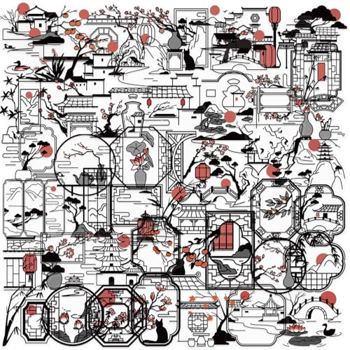 50pcs Black and White Stickers for Laptop Water Bottles, Transparent PET Waterproof Adhesive Ancient Style Sketches Decals for Kids Birthday Party Scrapbook Phone (Black and White) - color: Black and White