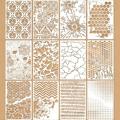 12 Pcs Geometric Texture Stencils Painting Reusable 7.1×11 Inch Abstract Layering Stencils for Crafts Plastic Branches Honeycomb Stencil Drawing Templates for DIY Wall Canvas Knit Card Wood - color: Style D